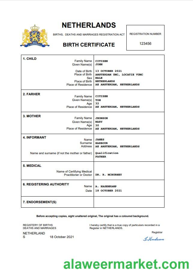 Netherlands vital record birth certificate Word and PDF template